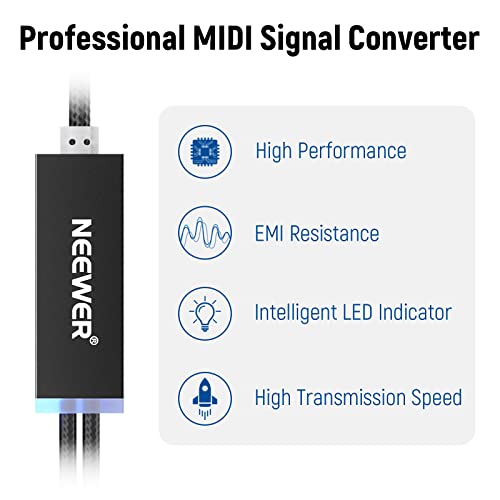 Neewer Usb Type C Midi Cable With Input & Output Connecting Keyboard/Synthesizer For Editing & Recording Midi Adapter Cord With Indicator For Piano Keyboard To Pc Mac Laptop 72.4"/184Cm Length #TOP1