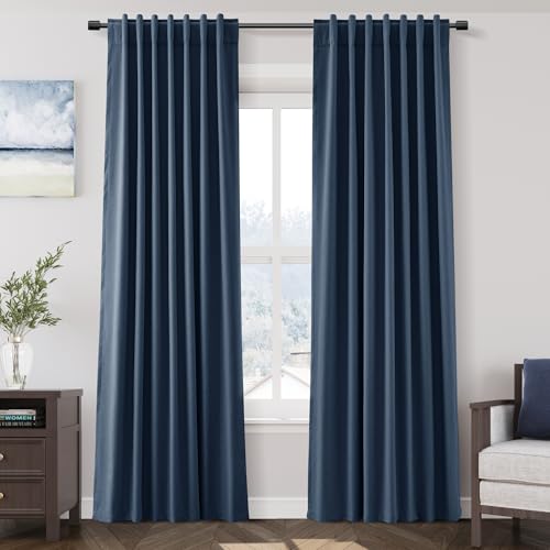 Image of Nanspring Denim Blue 100% Blackout Linen Curtains 84 Inch Length 2 Panels Set for Bedroom Back Tab Modern Farmhouse Decor Black Out Curtain for Living Room Office Thermal Insulated Drapes 52x84