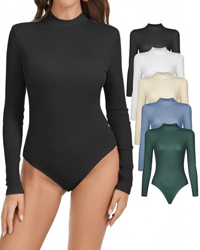 5 Pack Long Sleeve Turtleneck Bodysuits for Women