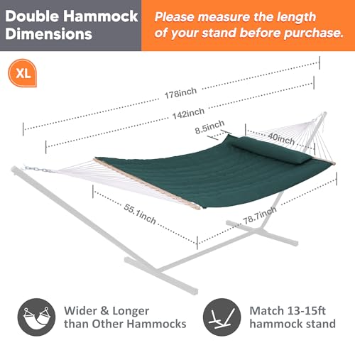 Image of SUNCREAT Hammocks 2 Person Hammock with Hardwood Spreader Bar, Double Rope Hammock with Polyester Pad, Dark Green