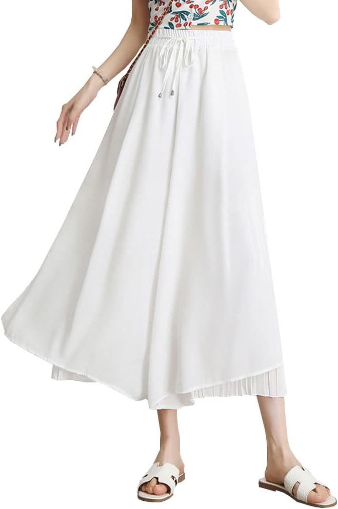 chouyatou Women's Chiffon Wide Leg Pants High Waist Pleated Culotte Palazzo Pants Side Slit