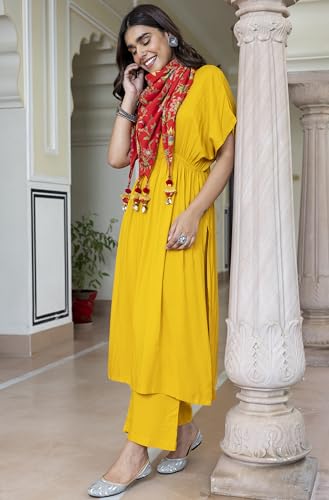 Image of Janasya Women's Mustard Rayon Solid Kurta with Palazzo and Scarf