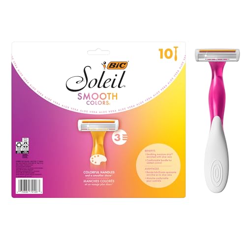 BIC Soleil 3 Colors Women's Disposable 3 Blade Razors, Colorful Handles and Moisture Strip, 10-Pack