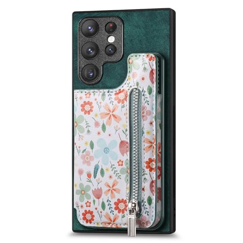 Étui Galaxy S24FE en cuir vert de qualité au design floral