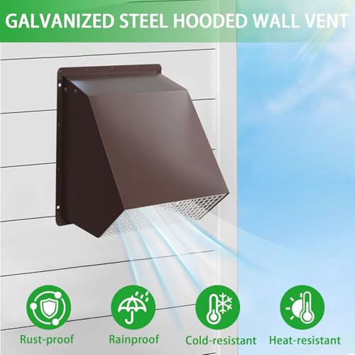 Image of 8 Inch Hooded Wall Vent with Screen and Damper,Outdoor Wall Exhaust Vent Cover Wall Cap for Exterior Kitchen Range Hood Ventilation Dryer HVAC Duct Air Exhaust, Galvanized Steel, Brown