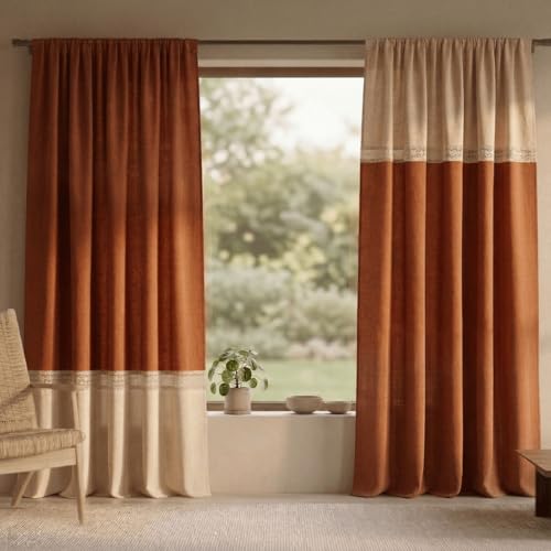 Image of Peepul Tree Cotton 7ft Door Curtain in Rust and Off White | Woven Colour Block Design with Crochet Border | Semi Blackout 70% Light Blocking | Top to Bottom Reversible Design Set of 2