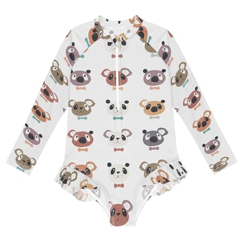 Cute Teddy Bear Girls Long Sleeve Rashguard Swimsuit UV Protection One-Piece Swimwear Bathing Suit B0404231