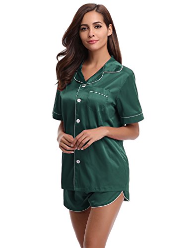 Aibrou Womens Silk Satin Pajamas Set Short Sleepwear Loungewear, Green, Medium