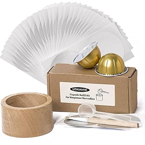 USEAMIE Reusable Vertuo Capsule Refill Kit 100Pcs Aluminum Foil Seals Lid for Nespresso VertuoLine Capsules with Holder, Scoop and Brush Cover