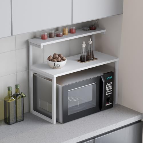 EMIDECO Estantería Microondas Cocina 2 Niveles - Madera Blanco & Metal Blanco - 60x28x43 cm - Almacenamiento compacto Plan de Trabajo - Soporte para aparatos y especias - Diseño moderno - Montaje