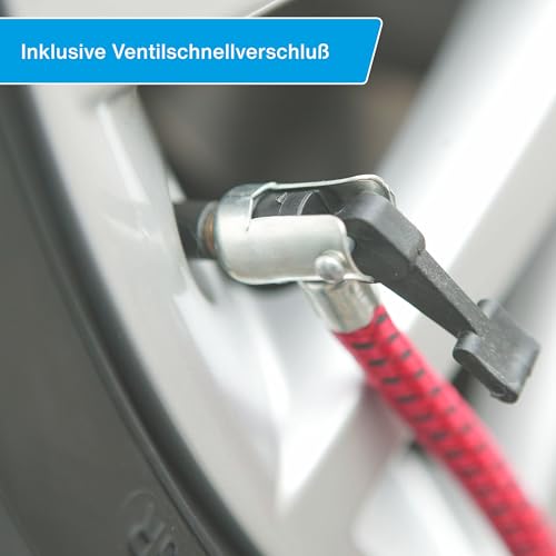Cartrend Einzylinder Fußluftpumpe, für Auto- und Fahrradreifen sowie andere Objekte, inkl. Standard- und Spezialadapter, Manometer bis 7 bar, 0,2 l Volumen je Hub, Schlauchlänge ca. 50 cm