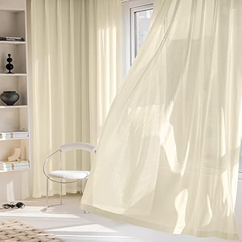 JSFLY Jacquard 2 Panels Sheer Curtains 108 Inches Long, Semi Sheer Grommet Solid Casual Soft Voile Drapes with Light Filter Window Treatments for Bedroom Living Room, Beige, 52" W x 108" L Cover