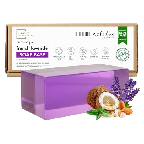 Image of VEDANUM Ayurscience 100% Natural and Organic Lavender Soap Base - 400 Gm | Handmade Soap Making | Vitamin E | SLES Free | pH Skin Friendly | Lab Tested