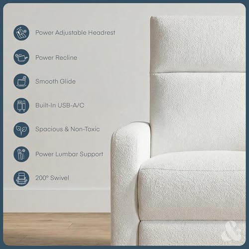 Image of Nurture& The Glider Plus - Premium Nursery Power Recliner | Swivel Chair with Adjustable Head Support and Adjustable Lumbar Support | Built-in USB - The Ultimate Comfort for Nursing, Relaxing (Boucle)