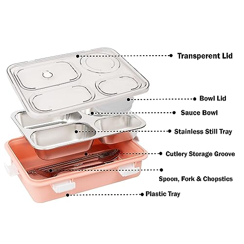 PRIME DEALS Lunch Box Sealed Leakage Proof Stainless Steel Lunch Box with Fork Chopstick&Spoon Lid Office Food Container for School Kids and Adults 750ml (Pink, 4 Compartment)