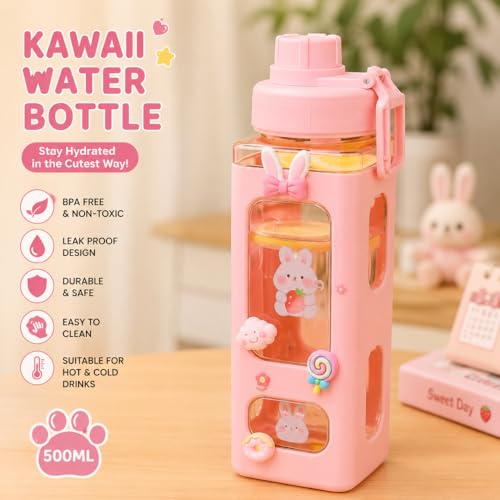 Image of Aider Water Bottle With Straw & Sticker,Kawaii Bear Water Bottle,Large Sport Plastic Portable Square Drinking Bottle For Girl,Cute Juice Tea Water Cups 700ml (pack of-1)