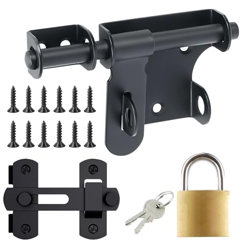 Juego de Cerrojo Puerta, Pestillo Puerta, Cerradura de Cerrojo de Acero Inoxidable Universal en Ambos Lados, Negro Pestillo con Candado y Llaves, para Puertas Interior y Exterior (Negro)
