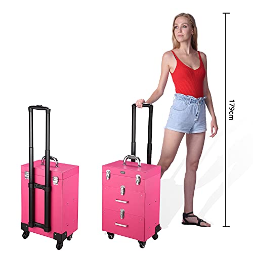 Byootique Rolling Makeup Train Case Pro Large Makeup Trolley Case Pvc Travel Cosmetic W/ 4 Wheel Lock Nail Polish Organizer Storage #TOP5