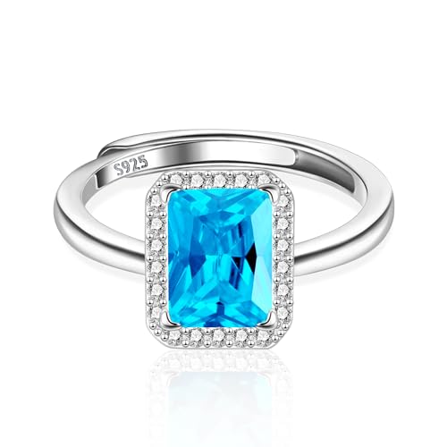ALEXCRAFT Anillo Compromiso Mujer Plata Ajustable Rectángulo Anillo Mujer Plata De Ley 925 Anillos Mujer Piedra Azul