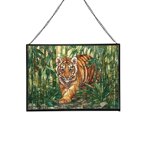 Tiger cub Stalking – Bamboo Grove Animal Stained Glass Suncatcher – Rectangular Hanging Window Panel with Artistic Nature Background – Wildlife Glass Art Gift for Animal and Nature Lovers 59rX75