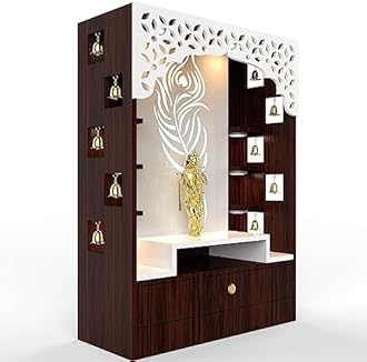 Devyom Wooden Large Pooja Mandir For Home And Office With LED Lights/Designer Brown Temple With White Jali Carving/Mandir With Cabinets For Storage
