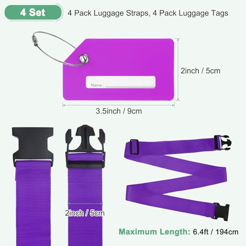 Image of M METERXITY 4-Sets Luggage Straps TSA Approved, Travel Straps for Luggage Suitcase Tags Set, Adjustable Suitcase Belt [Purple]