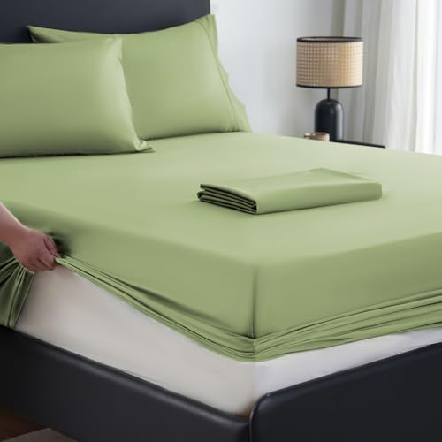 MEISHANG Extra Deep Pocket Queen Sheets Cotton - 1000 Thread Count Sheet Set - Fits 18"-24" in Deep Mattress,100% Egyptian Cotton,Sateen Weave, Soft & Breathable - 4 Piece (Queen, Olive Green)