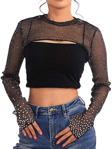 Ushiny Damen Schwarze Bolero Funkel Sheer Mesh Schultern Glitter Crop Top
