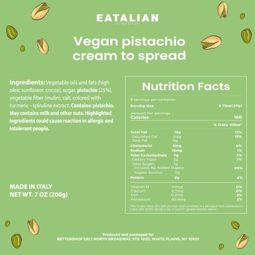 Image of EATALIAN by AMZ BETTER Vegan Pistachio Cream, 7 oz /200 gr, Delicious vegan spread with a uniquely sweet taste, ideal on bread, perfect with ice cream, Excellent for Dubai Chocolate, Made in Italy