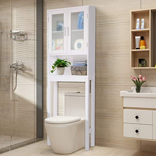 GOPLUS Meuble Étagère de Salle de Bain, Rangement au Dessus des Toilettes WC ou Lave-Linge, Armoire Verre Mat et Étagère Ouverte, 57,5 x 19 x 170 CM, Blanc
