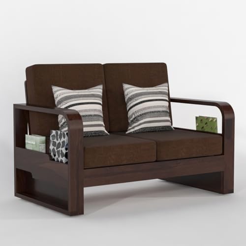 Image of Solid Sheesham Wooden 2 Seater Sofa for Living Room | Sofa with Side Pocket Storage & Cushion | Rosewood Sofa Set for Home (Walnut with Brown Cushion, 2 Seater)