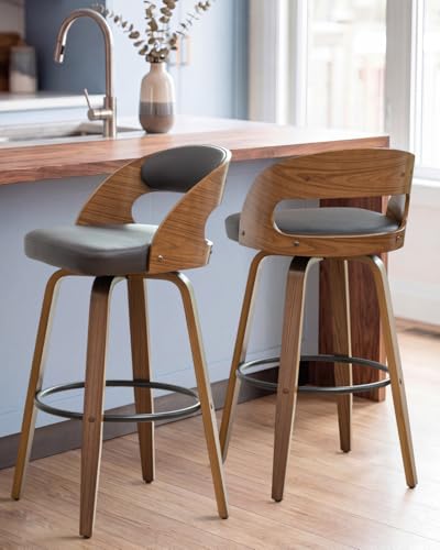 Image of AQG Swivel Bar stools Set of 2 Bar Chairs 26 inch Counter Height Mid-Century Modern Bentwood Barstool PU Leather Upholstered Bar Chair with Back and Footrest, for Bar, Cafe, Dining, Kitchen Island, Brown