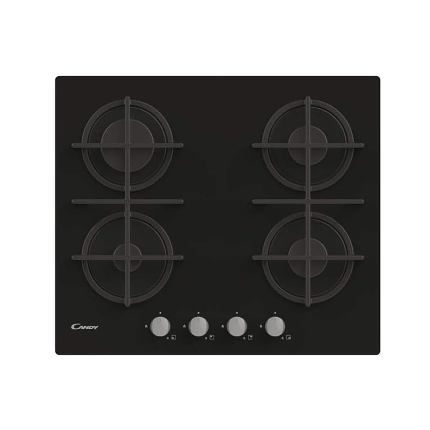 Candy Piano Cottura a Gas 4 Fuochi in Vetro Temperato, Griglie in Ghisa Lavabili in Lavastoviglie, Sistema di Sicurezza, 59,5 x 51 x 9,5 cm, Nero - CVG6B