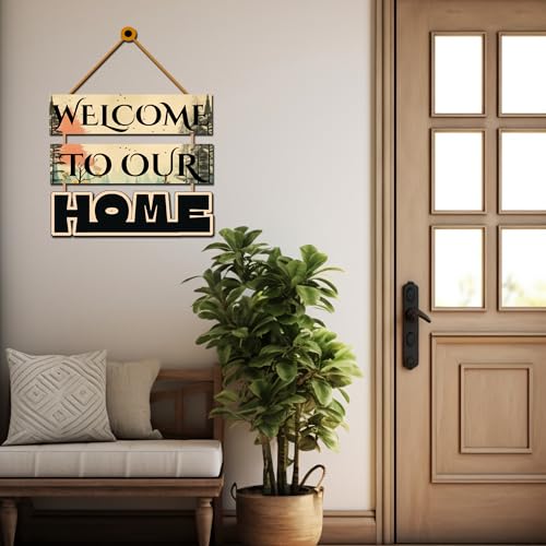 Image of GENXTRA inchWelcome to Our Home Wooden Wall Hanging | Rustic Forest Theme Decorative Wall Sign for Entryway, Living Room & Balcony