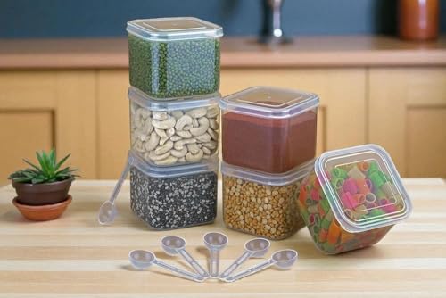 Image of Arto 6-Piece Airtight Food Storage Containers Set (500ml) with Spoons - BPA Free, Clear Square Plastic Jars for Kitchen & Pantry Organizer | Masala, Spices, Dry Fruits, Cereals | Leak-Proof, Stackable