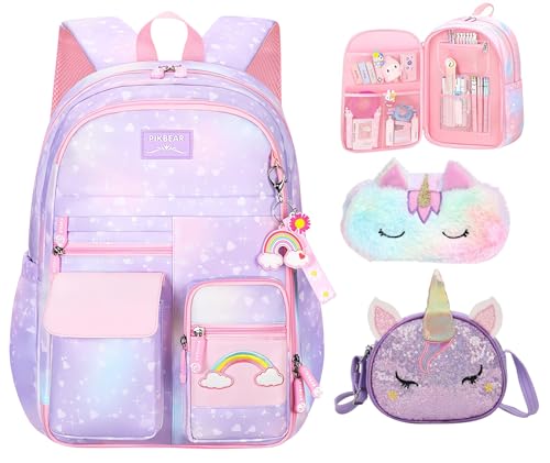 3Pcs Girl Backpack Set, Cute Kids Rainbow School Bag Backpack,School Bookbag For Girl With Shoulder Bag And Pencilcase