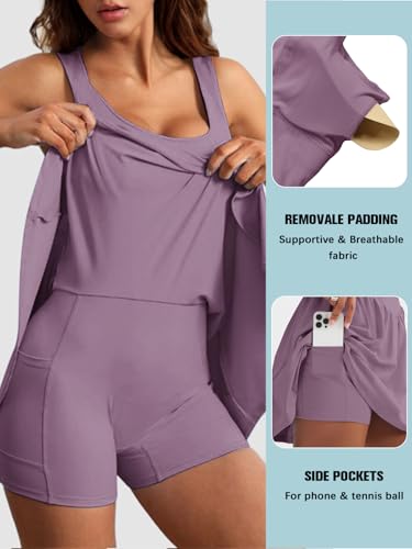 Image of Sexyasasii Women's Summer Athletic Tennis Dress with Built in Shorts and Bra Square Neck Workout Exercise Active Golf Dresses
