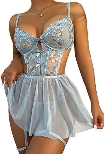 WDIRARA Women’s Floral Embroidery Mesh Split Cut Out Babydoll Lingerie Slip Dress