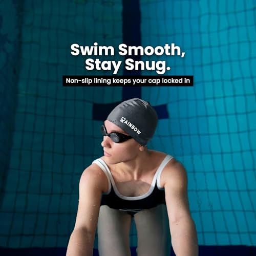 Image of Rainbow Silicone Swimming Cap for Men, Women & Kids | Stretchable Swim Cap for Long & Short Hair | Durable, Waterproof & Comfortable Fit - Grey