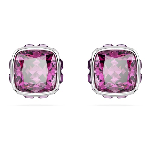 Swarovski Birthstone stud earrings, Square cut, February, Pink, Rhodium plated