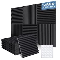 Ohuhu Akustikschaumstoff Akustikpaneele 12 Stück mit Aufkleber, 30 x 30 x 2,5 cm, Schalldämmung Wand Schallabsorber Akustikschaumplatten Schallschutz für Tonstudio Podcasts Gaming Deko, Schwarz