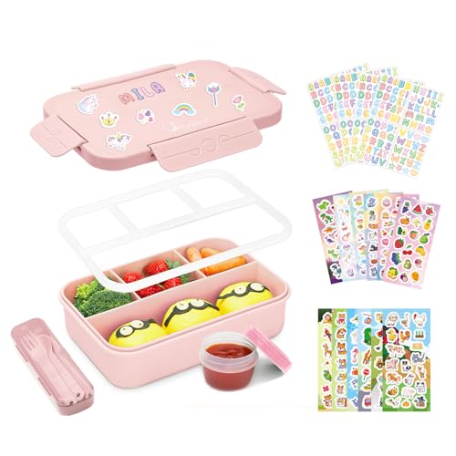 Bugucat Fiambrera con compartimentos, 1300 ml, fiambrera para niños, a prueba de fugas con 4 compartimentos, fiambrera Bento Box con 16 pegatinas para niños y adultos, caja de desayuno para niños y