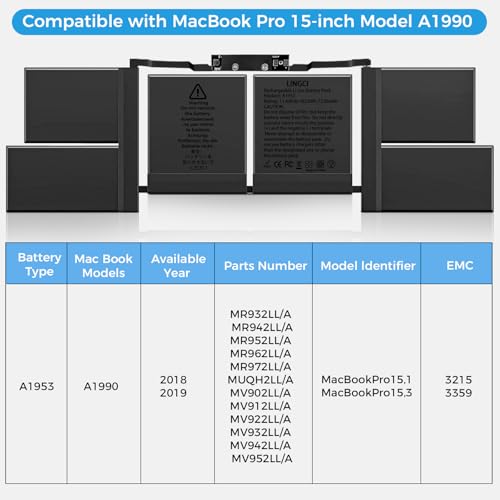 Image of A1990 Battery, A1953 Battery Replacement for MacBook Pro 15 Inch A1990 (Mid 2018 2019) (EMC 3215 3359)(Upgraded High Performance 7336mAh 83.6Wh 11.40V Li-Polymer)