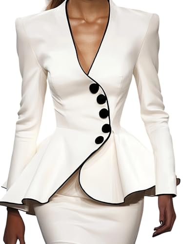 UOOZEE Women's Retro Lotus Leaf Button Contrasting Color Peplum Jacket Top Long Sleeve Suit Coat Deep V-Neck Workplace Wear
