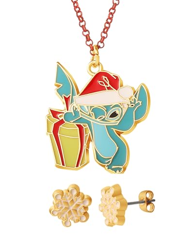 Disney Stitch Christmas Necklace + Earrings Official License, 16+3 Stitch Necklace and Snowflake Stud Earrings