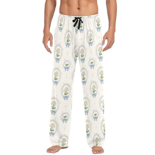 Men's Vintage Flowers Bows Pajama Pants with Pockets - Straight Fit Cotton Sleep Bottoms for Lounge & Nightwear#4752