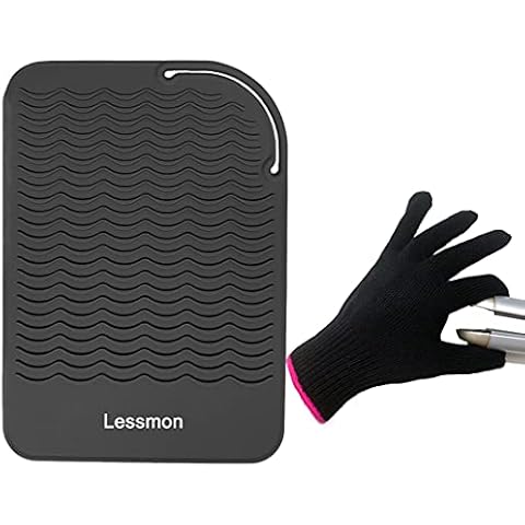 Flat Iron Travel Mat, Curling Iron Counter Protector with Heat Resistant Glove for Curling Irons, Hair Straightener, Flat Irons and Hair Styling Tools, 9” x 6.5”, Black by Lessmon Cover