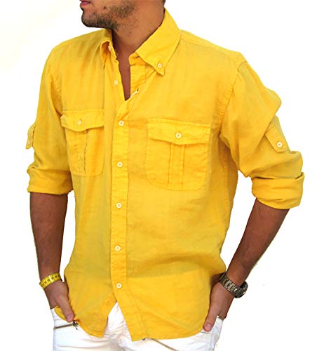 Puro Lino Camicia Uomo Casual Doppio Taschino