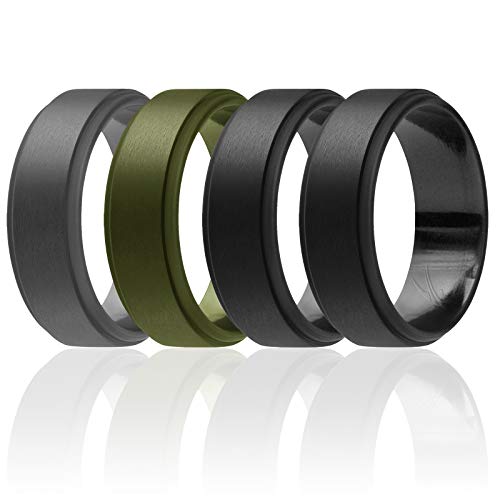 ROQ Silicone Rubber Wedding Ring for Men, Comfort Fit, Men's Wedding Band, Breathable Rubber Engagement Band, 8mm Wide 2mm Thick, Step Edge, 4 Pack, Black, Gray, Dark Green, Size 14