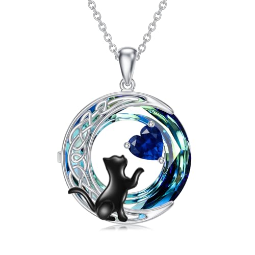TOUPOP Cat Gifts for Cats Lovers Sterling Silver Black Cat Necklace Celtic Moon Birthstone Jewelry for Women Christmas Birthday Gifts for Her